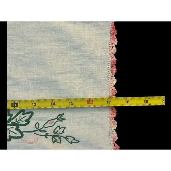 Vtg Handmade Cottagecore Dresser Runner Pink Floral Crochet Lace Trim 17.5”x9.5” - Picture 3 of 4
